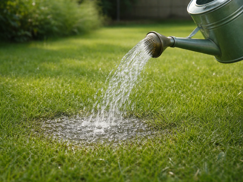 Chien absent : arrosoir renversant de l’eau sur une pelouse avec une zone humide fraîchement traitée.