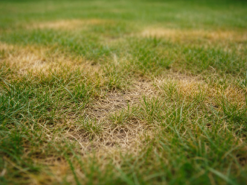 Gazon en gros plan avec zones jaunes et brunes, herbe clairsemée et traces de stress hydrique.