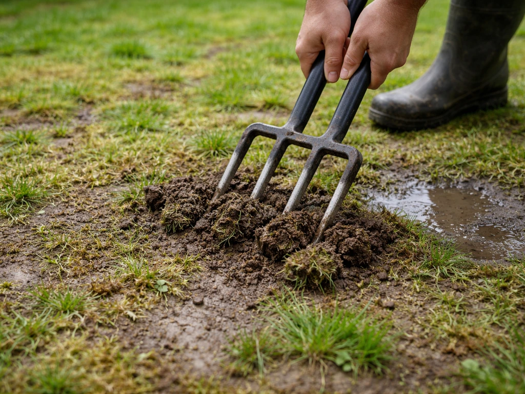Sol compacté et humide aéré à la fourche, mousse visible et terre soulevée, effet de décompaction.