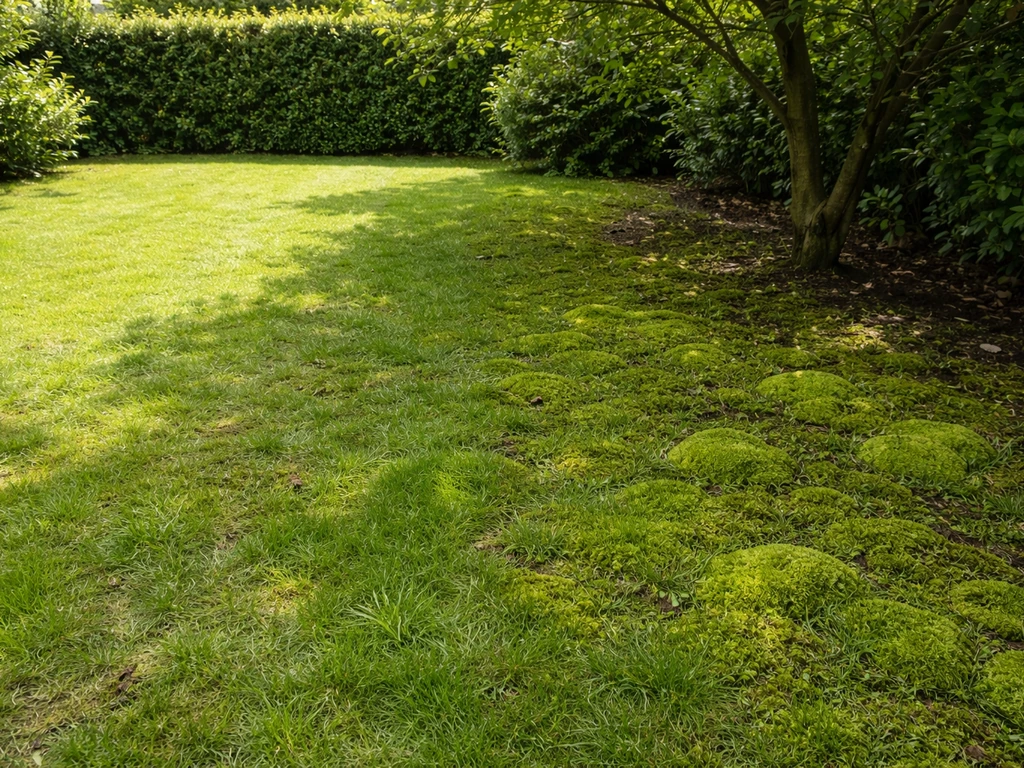 Pelouse divisée en zones claires et ombragées, mousse plus dense sous un arbre et près d’une haie