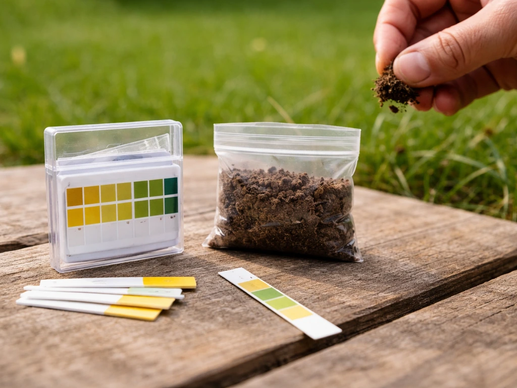 Kit de bandelettes pH sur une table avec terre prélevée, bandelette colorée et pelouse en arrière-plan.
