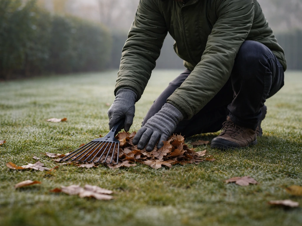 Un jardinier anonyme ramasse des feuilles mortes avec un râteau sur une pelouse en hiver.