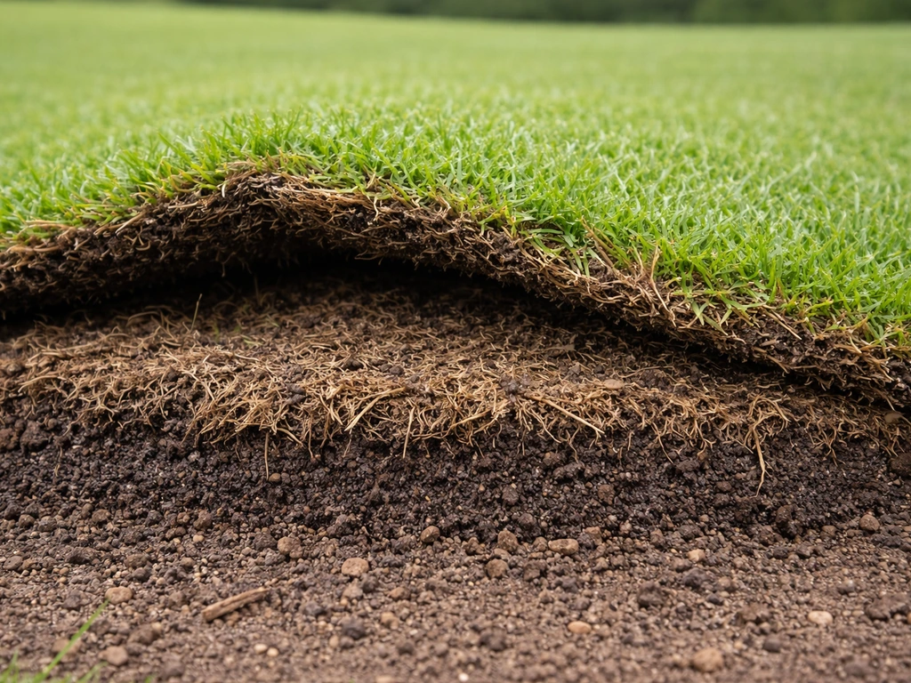 Petite section de gazon de golf soulevée montrant une couche organique épaisse entre le sol et les brins