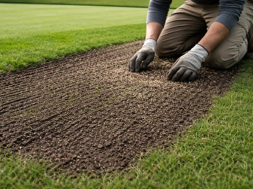 Chantier de sursemis sur gazon fin de golf : surface griffée et graines juste après semis.
