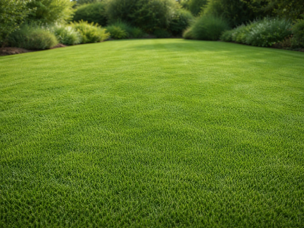 Vue d’ensemble d’une pelouse dense et homogène, vert profond, lumière naturelle d’été dans un jardin soigné.