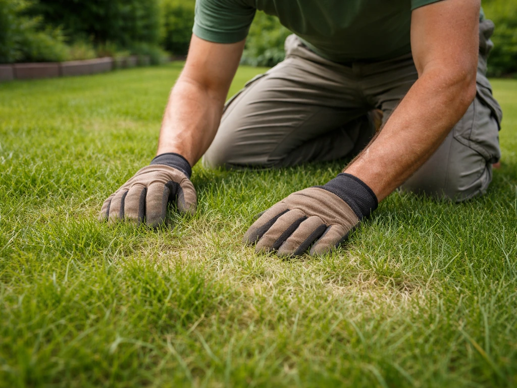Jardinier agenouillé inspectant une pelouse de près pour évaluer couleur, densité et signes de stress.