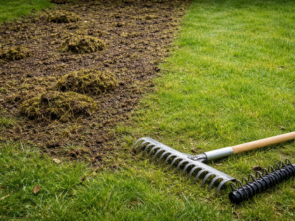 Pelouse partiellement scarifiée avec mousse retirée et terre aérée, outils de jardin visibles, pas de texte.