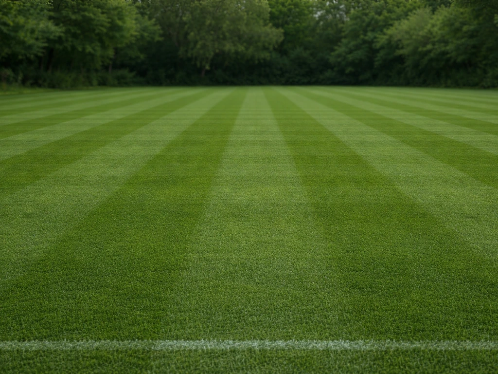 Terrain de football très dense et homogène, texture serrée, lignes de pelouse nettes, aspect “terrain pro”.