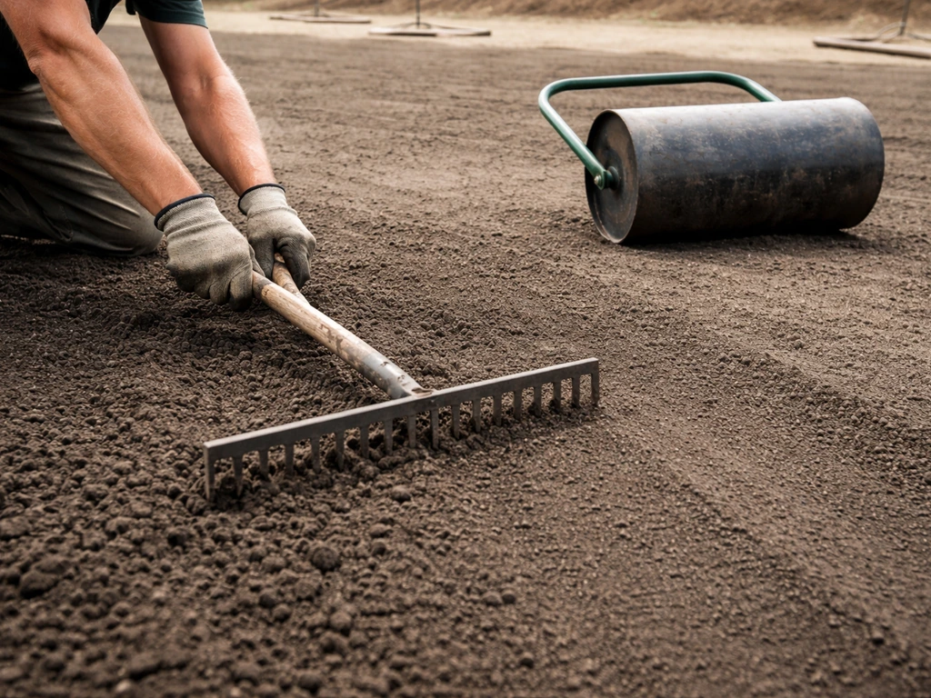 Mains au sol nivelant et compactant un substrat sombre pour préparer un terrain de gazon pro