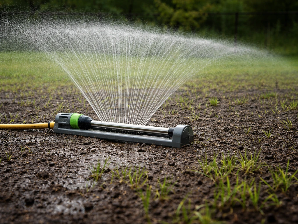Rampe d’arrosage en fonctionnement couvrant une pelouse fraîchement semée, sol humide et jeunes pousses visibles.