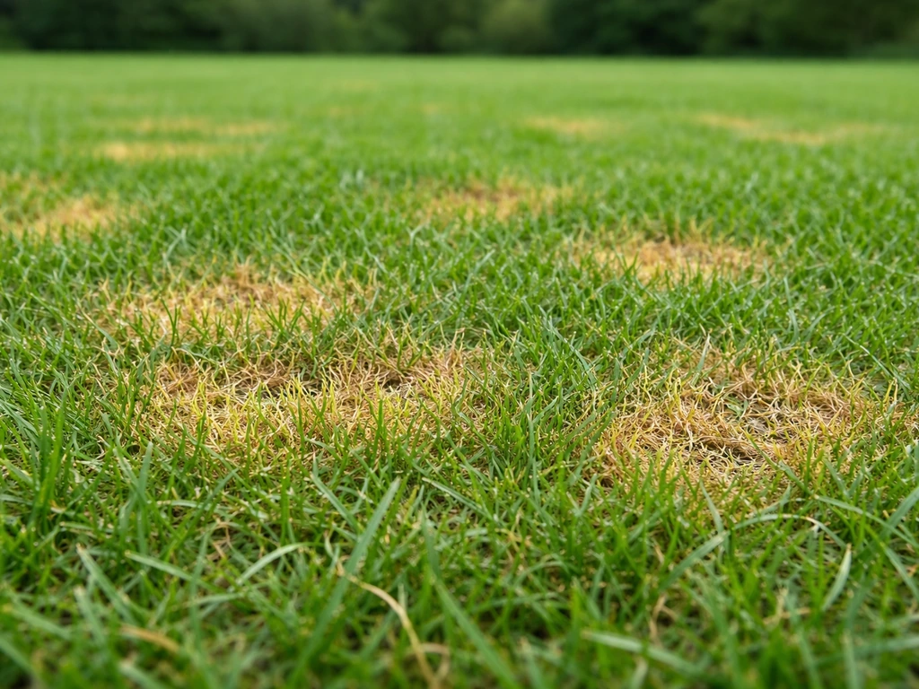 Gazon sportif avec zones jaunissantes et brunâtres typiques, vue rapprochée sur les brins