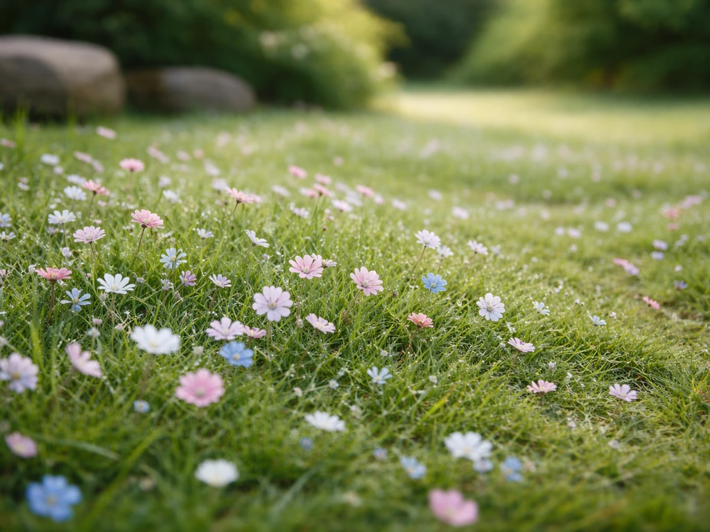Gazon japonais fleuri en France, graminées basses et petites fleurs, ambiance zen au jardin, vue rapprochée