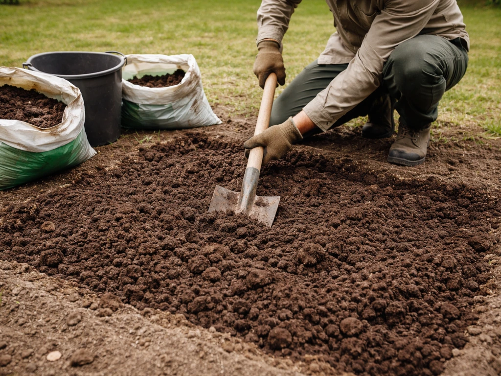 Jardinier prépare un sol : bêchage sur 15–20 cm, terreau/compost et parcelle délimitée prête à planter
