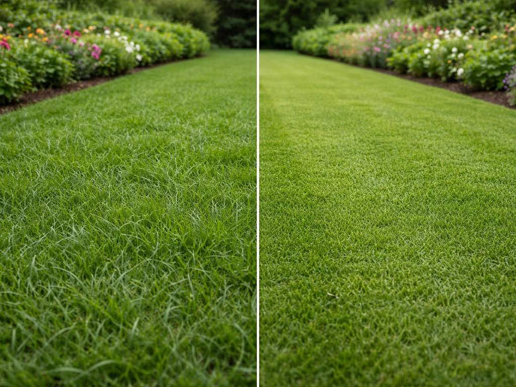 Tondeuse réglée bas sur une pelouse Zoysia, rendu avant/après avec bande tondue et bordure de fleurs.