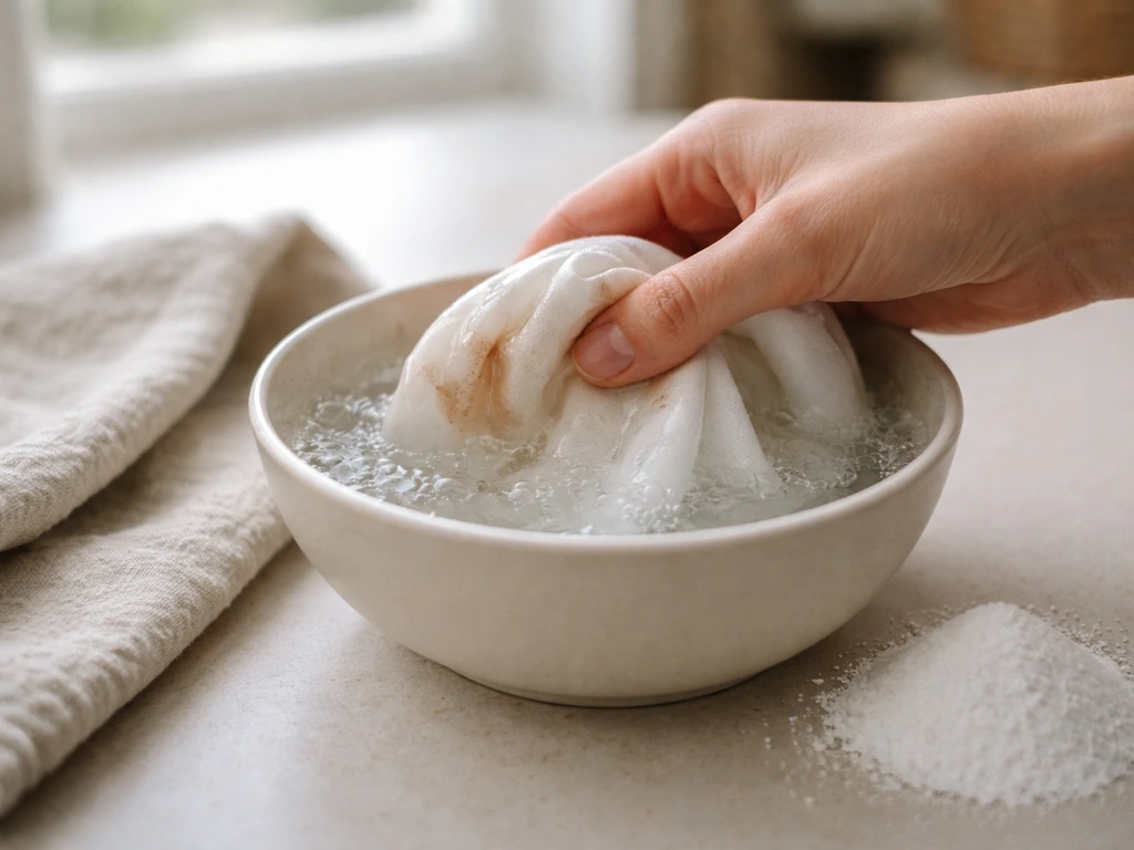 Bol avec percarbonate se dissolvant dans l’eau, prétraitement d’un linge taché avant lavage.
