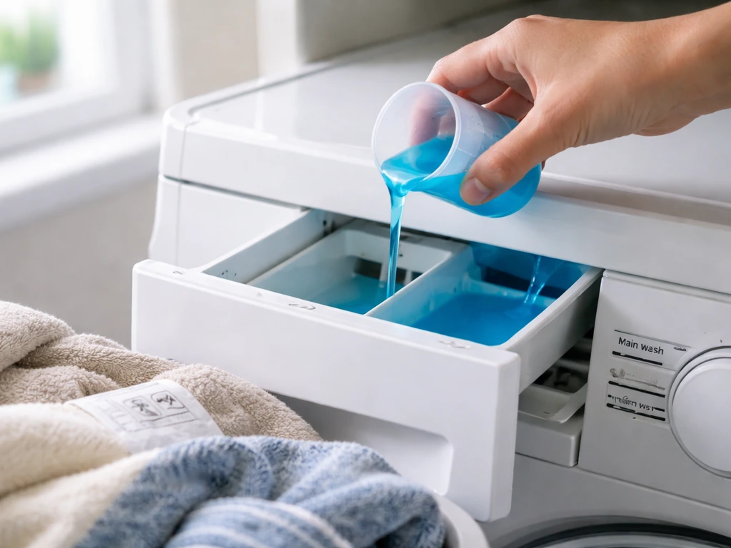 Main versant la lessive dans le compartiment de lavage, linge rincé sortant de la machine.