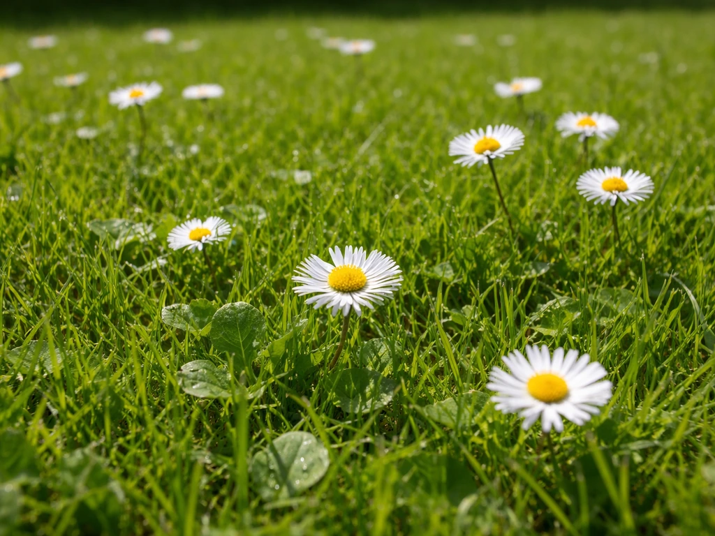 Pelouse verte avec plusieurs marguerites visibles au milieu de l’herbe.