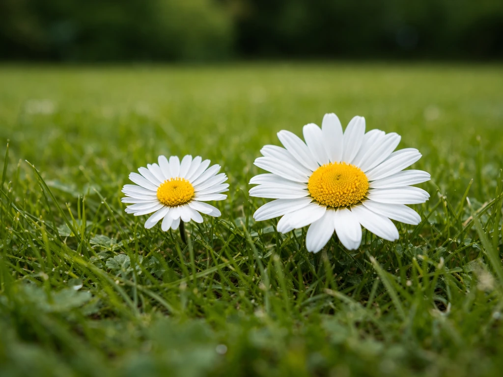 Deux petites fleurs blanches et jaunes dans l’herbe, une pâquerette et une vraie marguerite, vue rapprochée.