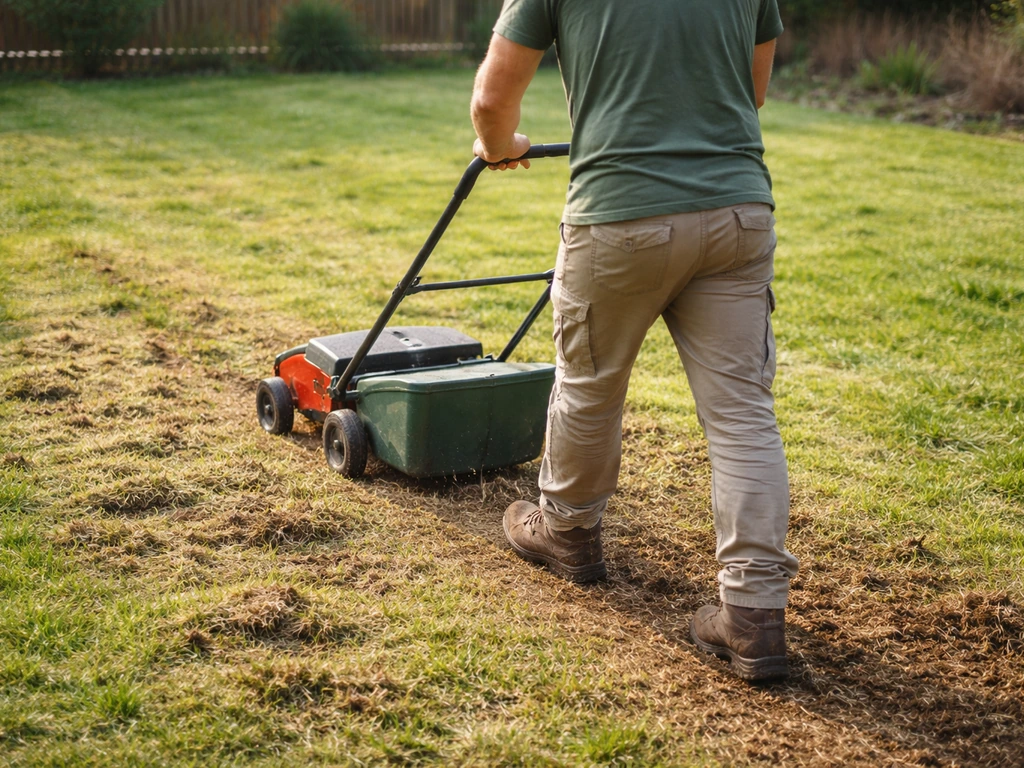 Jardinier au travail au printemps : scarificateur sur une pelouse, terre aérée, quelques brins d’herbe