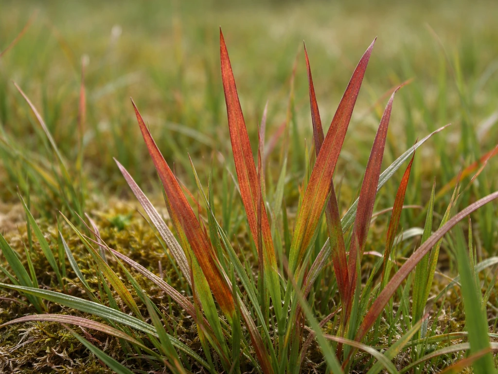 Brins de gazon rouge-brun, gros plan sur l’aspect rougi, en pleine prairie vosgienne.