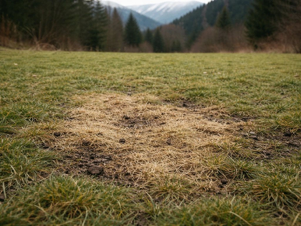 Pelouse décolorée et herbe humide après une période de neige, zones beige-brun indiquant une moisissure.