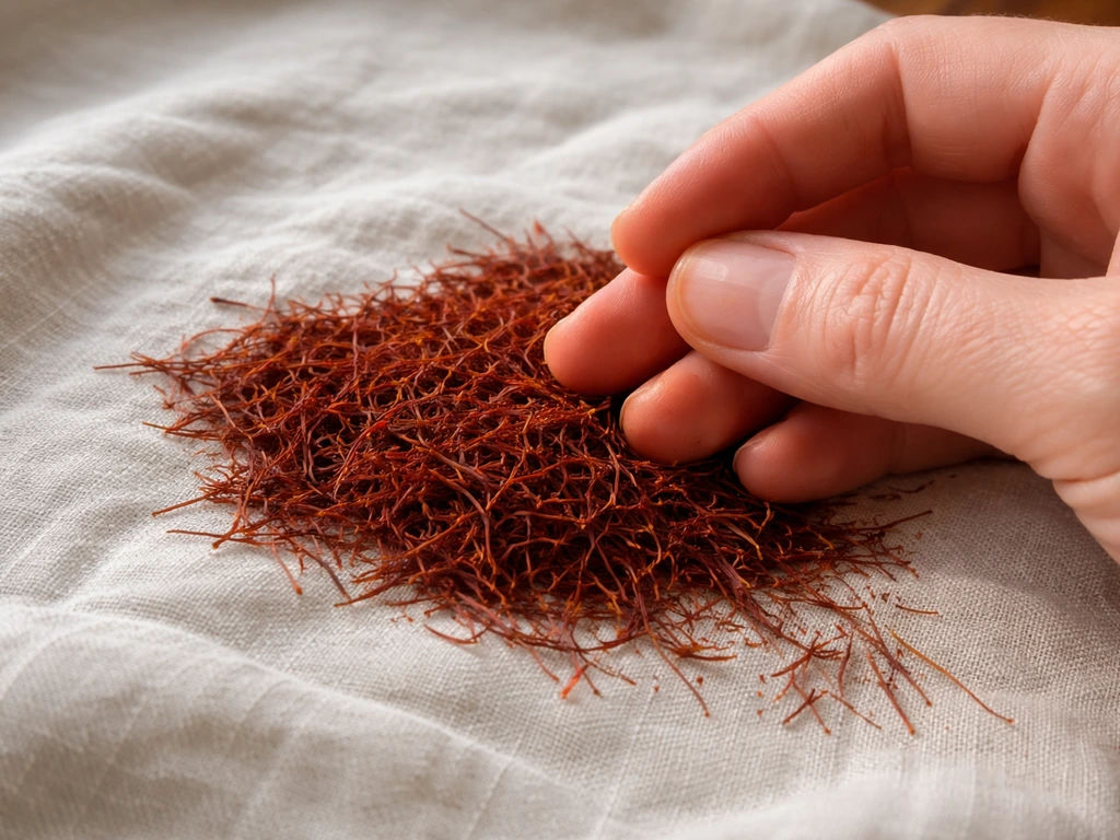 Main examinant des brins rouges sur un tissu, poudre orangée visible et filaments fins en arrière-plan.