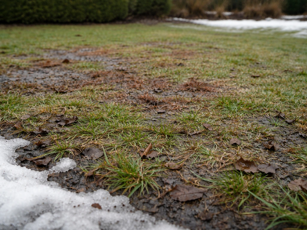Gazon rougi et plaques irrégulières juste après la fonte des neiges, traces de feuilles au premier plan.