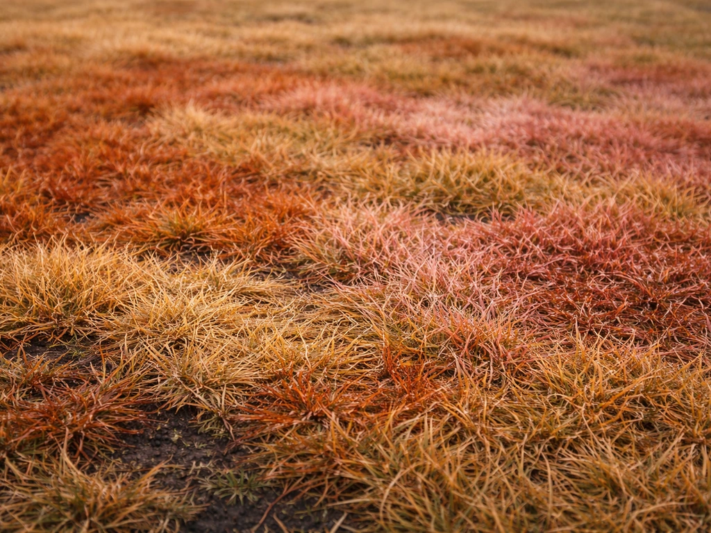 Gros plan d’un gazon après fonte montrant roux, paille, orange cuivré, rose sale et rouge brique.
