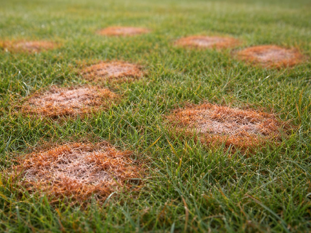 Gazon avec plaques ovales orange-rouille du fil rouge, léger feutrage visible près du sol