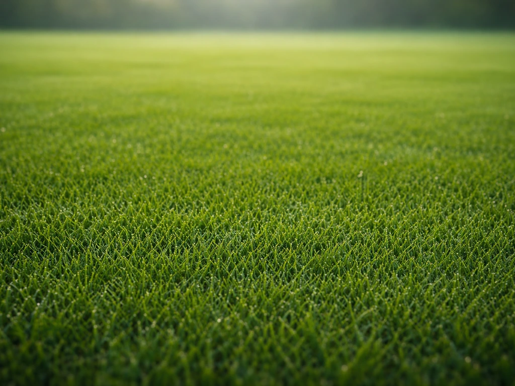 Gazon vert dense et uniforme, vu en perspective, texture nette façon terrain de Ligue des champions.
