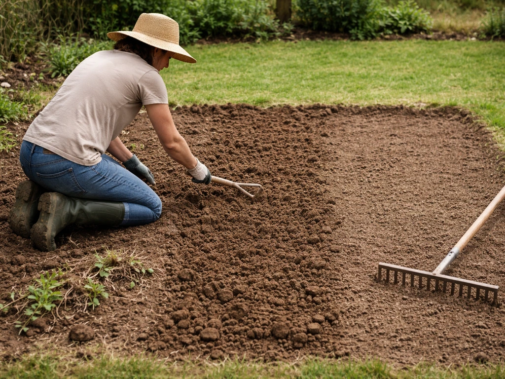 Jardinier tenant une griffe pour ameublir puis niveler la terre avant semis de gazon