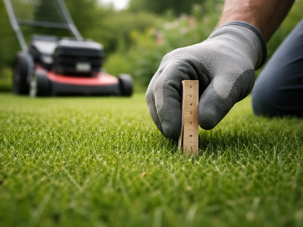 Gant et règle en bois sur l’herbe pour montrer la hauteur de coupe, tondeuse visible à côté.