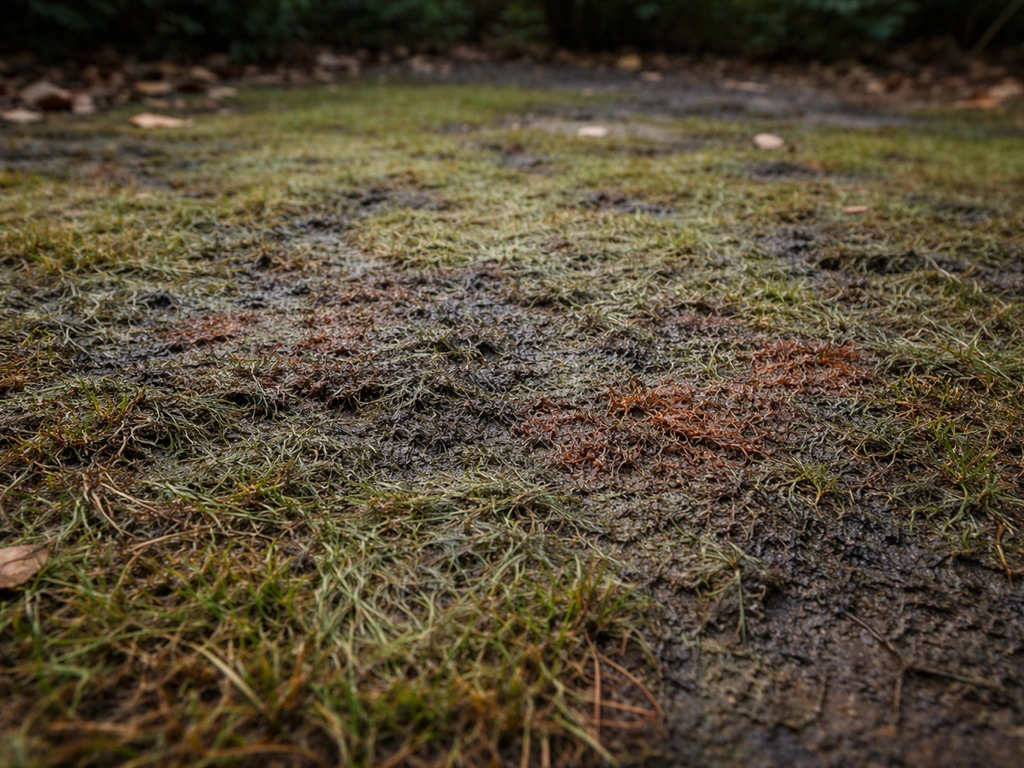 Gazon à l’ombre sur sol humide avec feutrage et croûte verdâtre-noirâtre virant au rouge-brun au séchage.