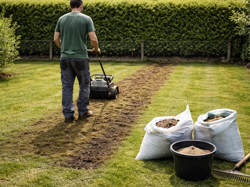 Pelouse en rénovation : scarification légère et amendement, jardinier anonyme au-dessus d’un gazon abîmé.