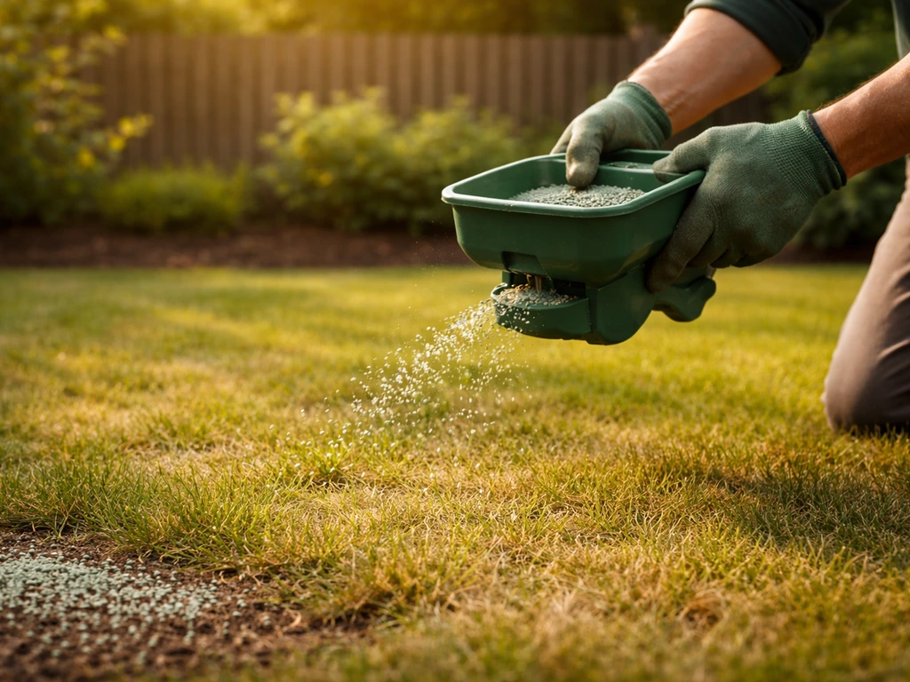 Pelouse de jardin française avec granules d’engrais et un épandeur à la main, fin d’après-midi.