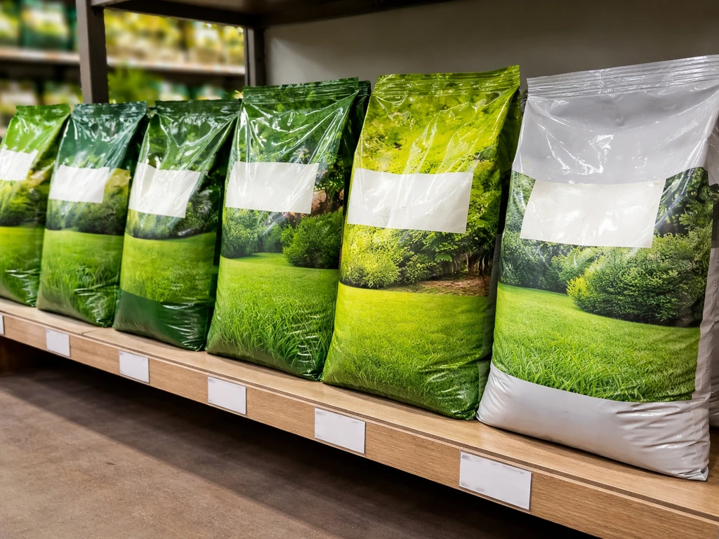 Des sacs de produits pour gazon alignés sur une étagère de jardinerie, montrant la variété de la gamme.