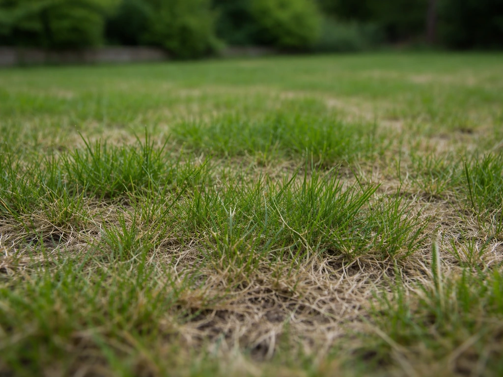 Pelouse en reprise, brins plus verts et zones encore ternes, effet de verdure rapide visible.