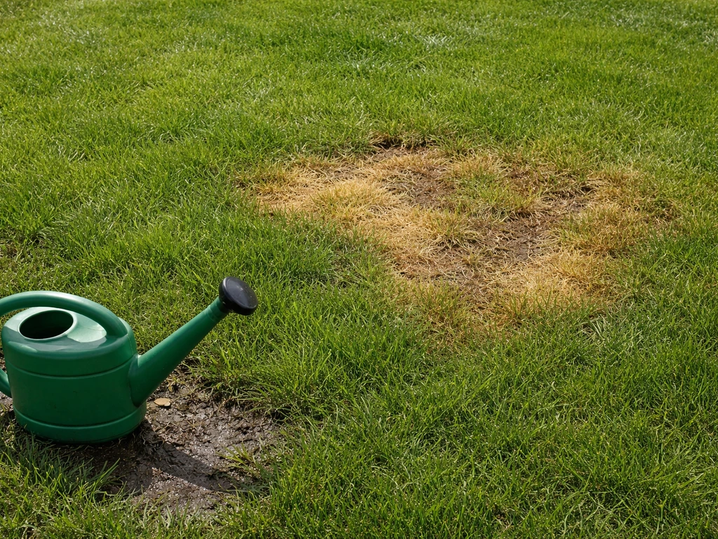 Pelouse brûlée jaunâtre à brune avec un arrosage à proximité, après surdosage.