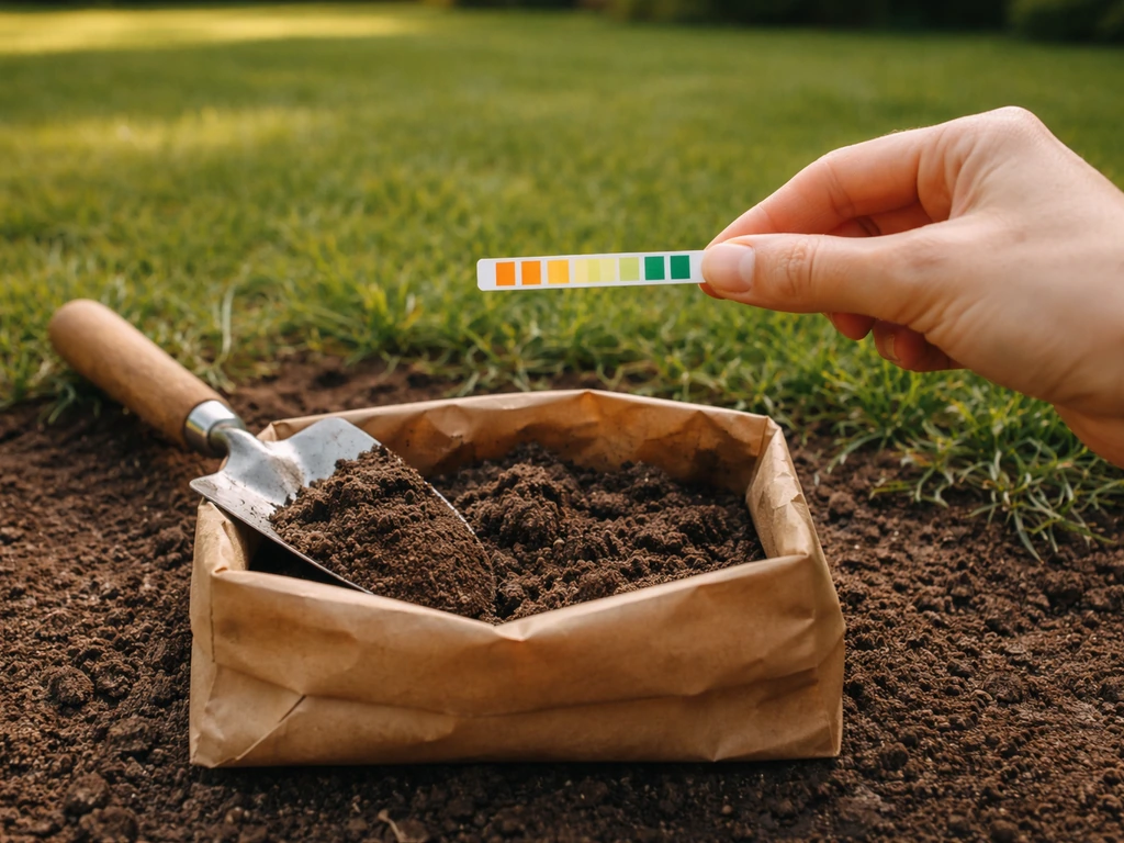 Jardin avec bandelette de test de pH et échantillon de terre près d’un gazon, pour diagnostiquer avant d’accuser le prod