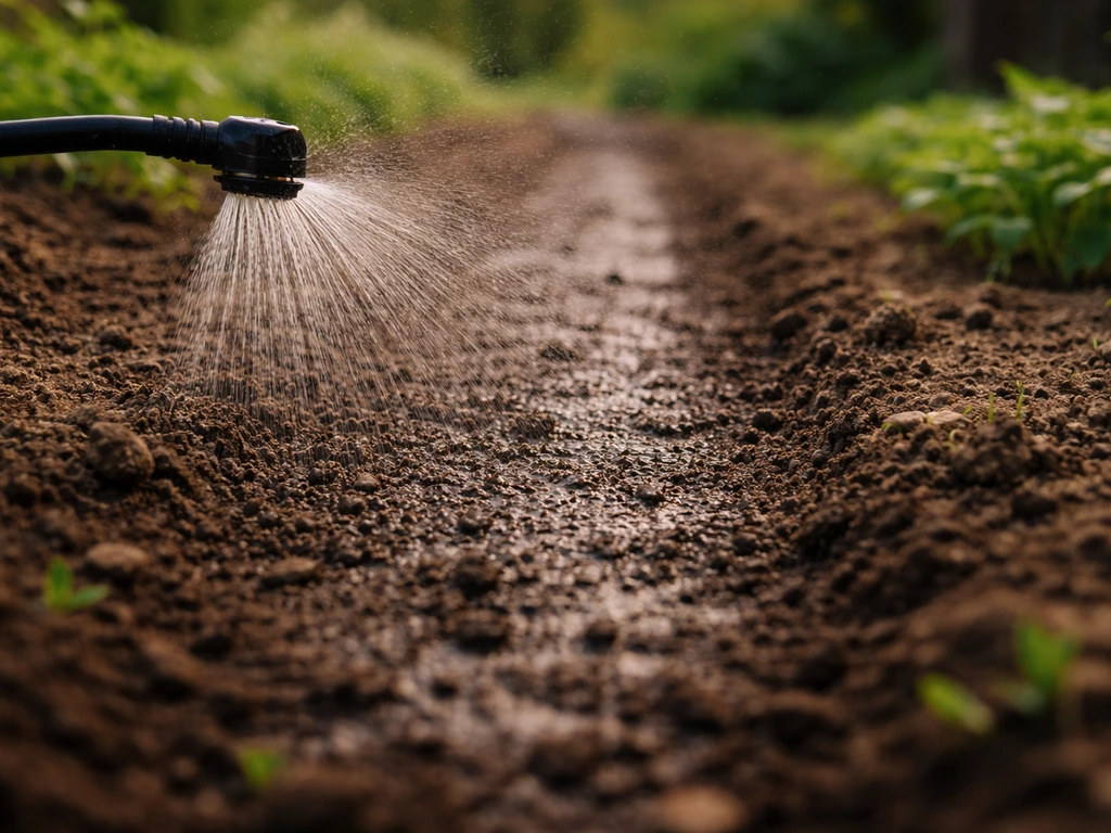 Pluie fine d’arrosage sur une terre fraîchement ensemencée, sans flaques ni boue.