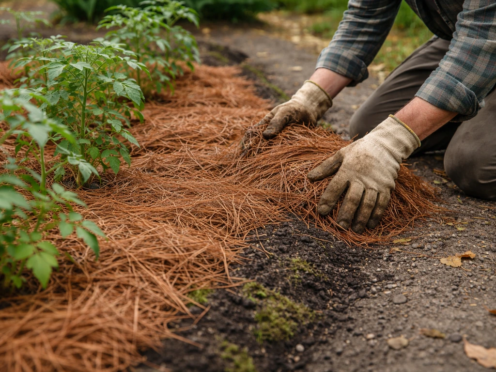 Aiguilles de pin fraîches étalées en paillis épais au pied de plants dans un potager, sol propre et naturel.