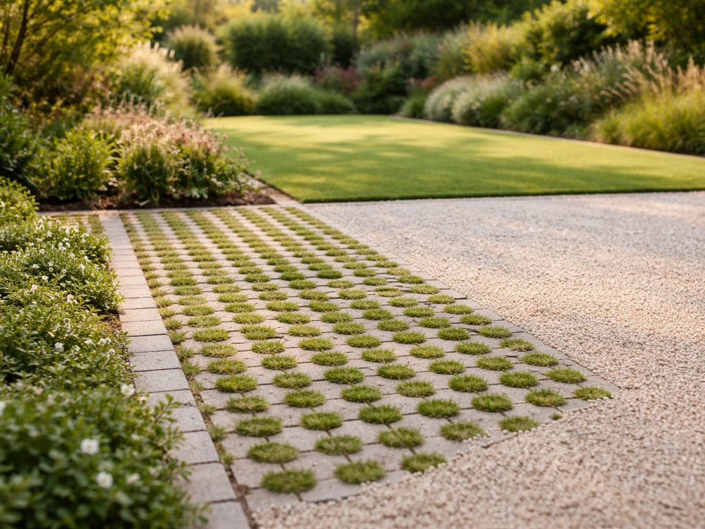 Jardin en France avec gravier, dalles alvéolaires, couvre-sol et gazon synthétique en arrière-plan.
