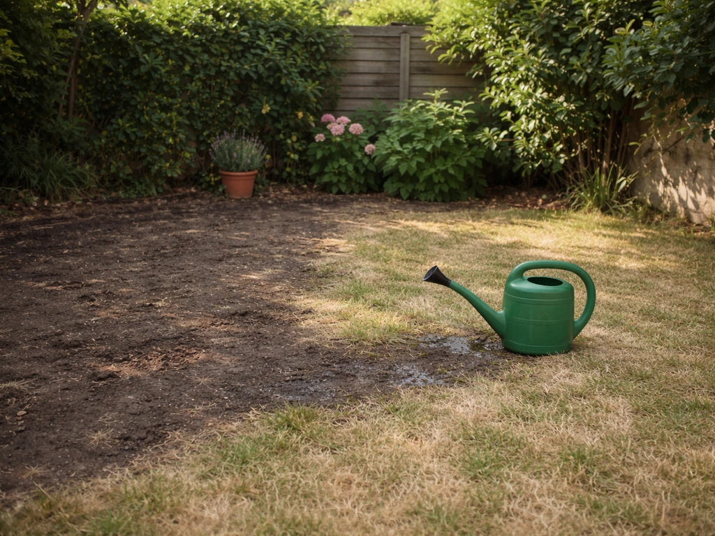 Petit jardin en France avec pelouse sèche et zone ombragée, arrosoir renversé au sol, lumière naturelle.