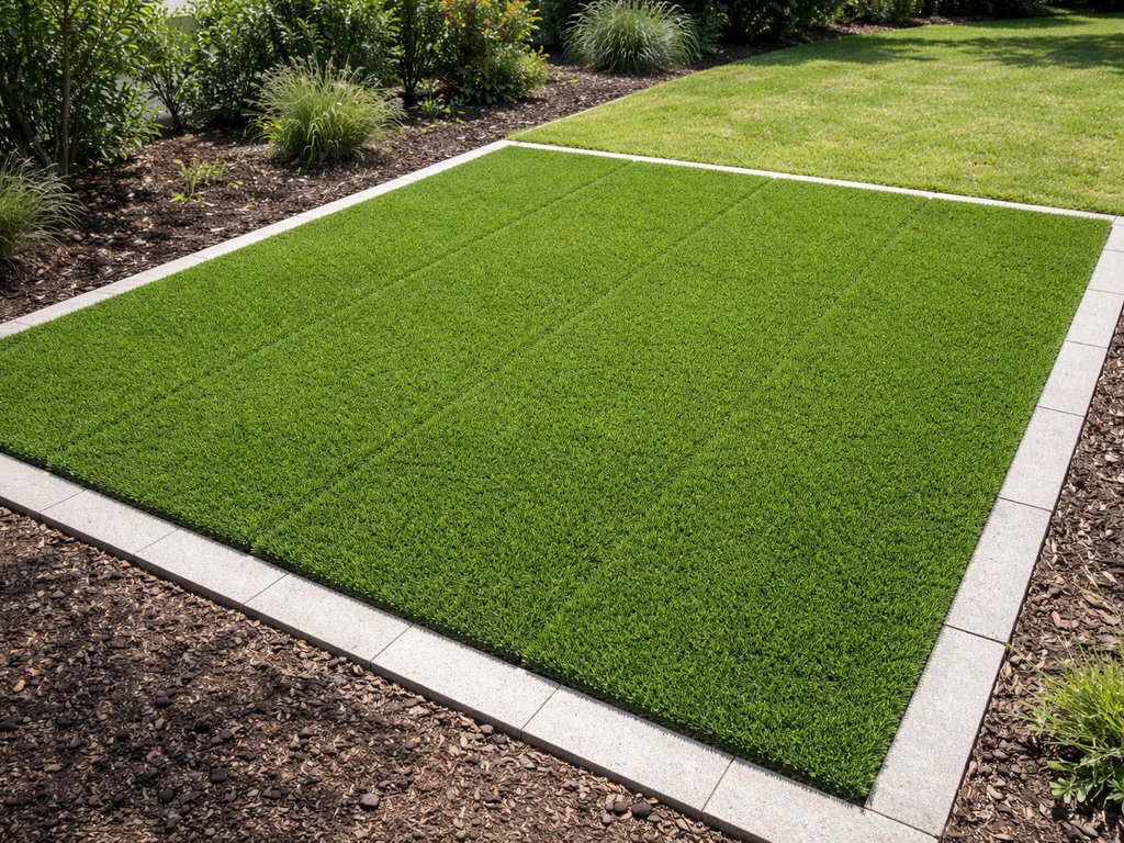 Jardin avec une zone de gazon synthétique vert, sections distinctes, aspect naturel sous une lumière douce