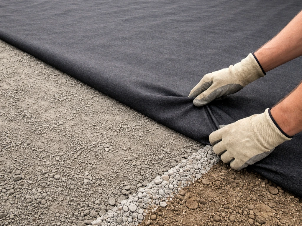 Pose d’un géotextile noir tendu sur une surface préparée avec couche de fondation
