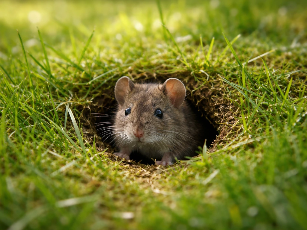 Petit mulot caché près d’un brin d’herbe dans une pelouse verte de printemps, dégâts discrets visibles.