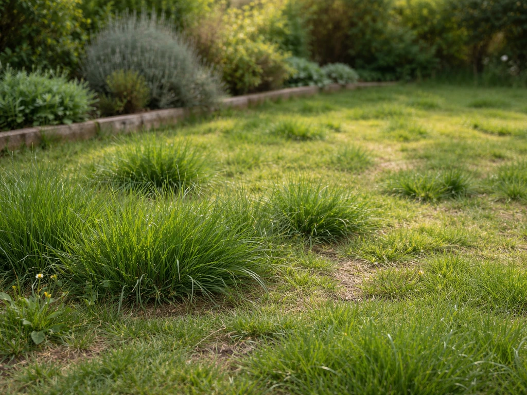 Pelouse trop haute avec herbes denses et bordures, donnant l’impression de refuges pour des mulots.