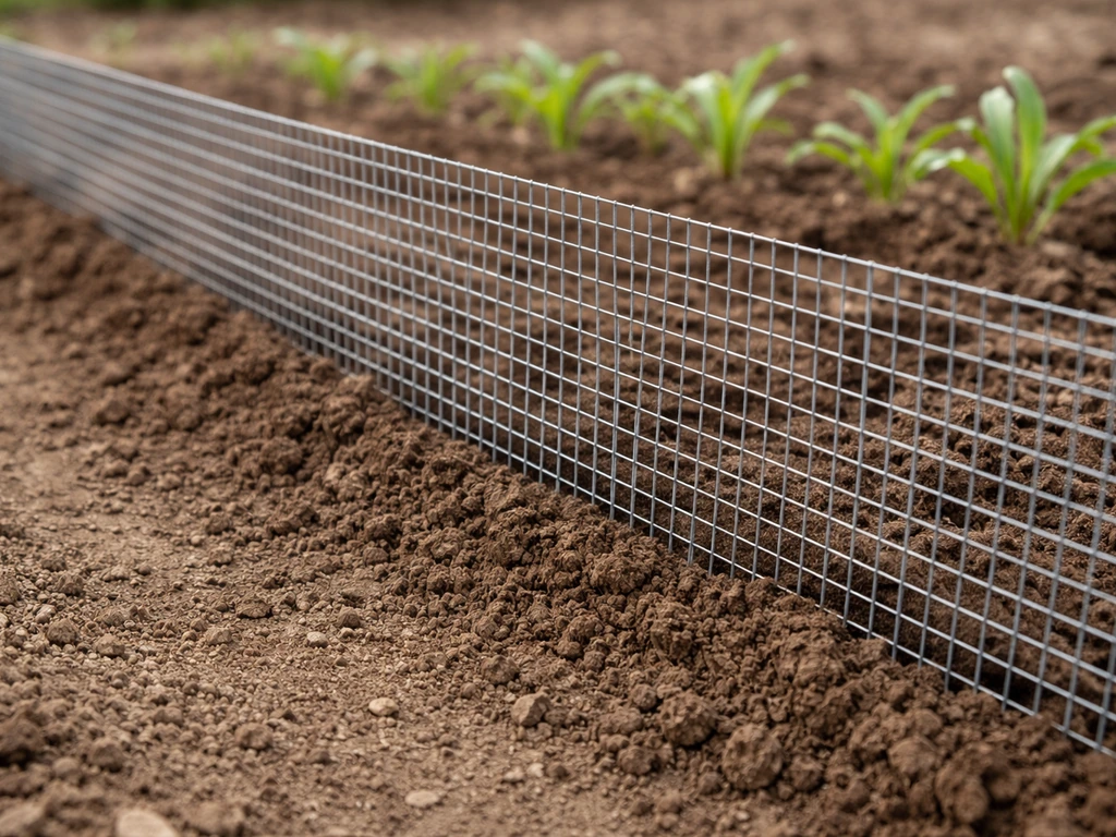 Gros plan d’un grillage à petites mailles enterré en bordure d’une zone de jeunes semis.