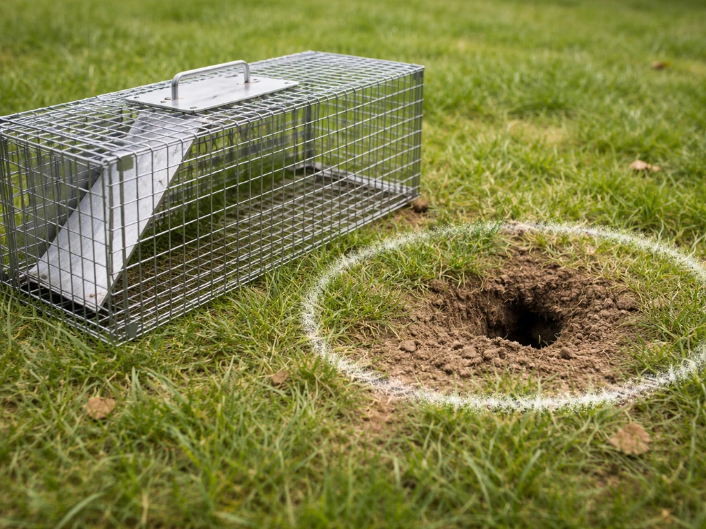 Piège-cage à capture vivante posé dans une pelouse, près d’une galerie, ambiance naturelle et discrète.