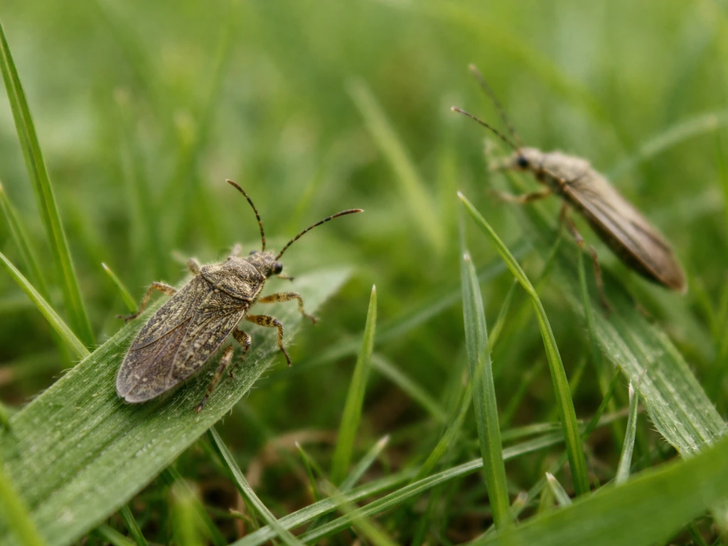 Pelouse française avec gros plan d’une punaise velue et d’insectes ressemblants, repères visuels pour éviter les confusi